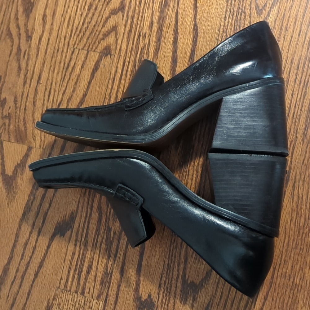 Vince Camuto Black Slip-On Heeled Loafers Square Toe  Polished Finish Sz 8 - Picture 5 of 14